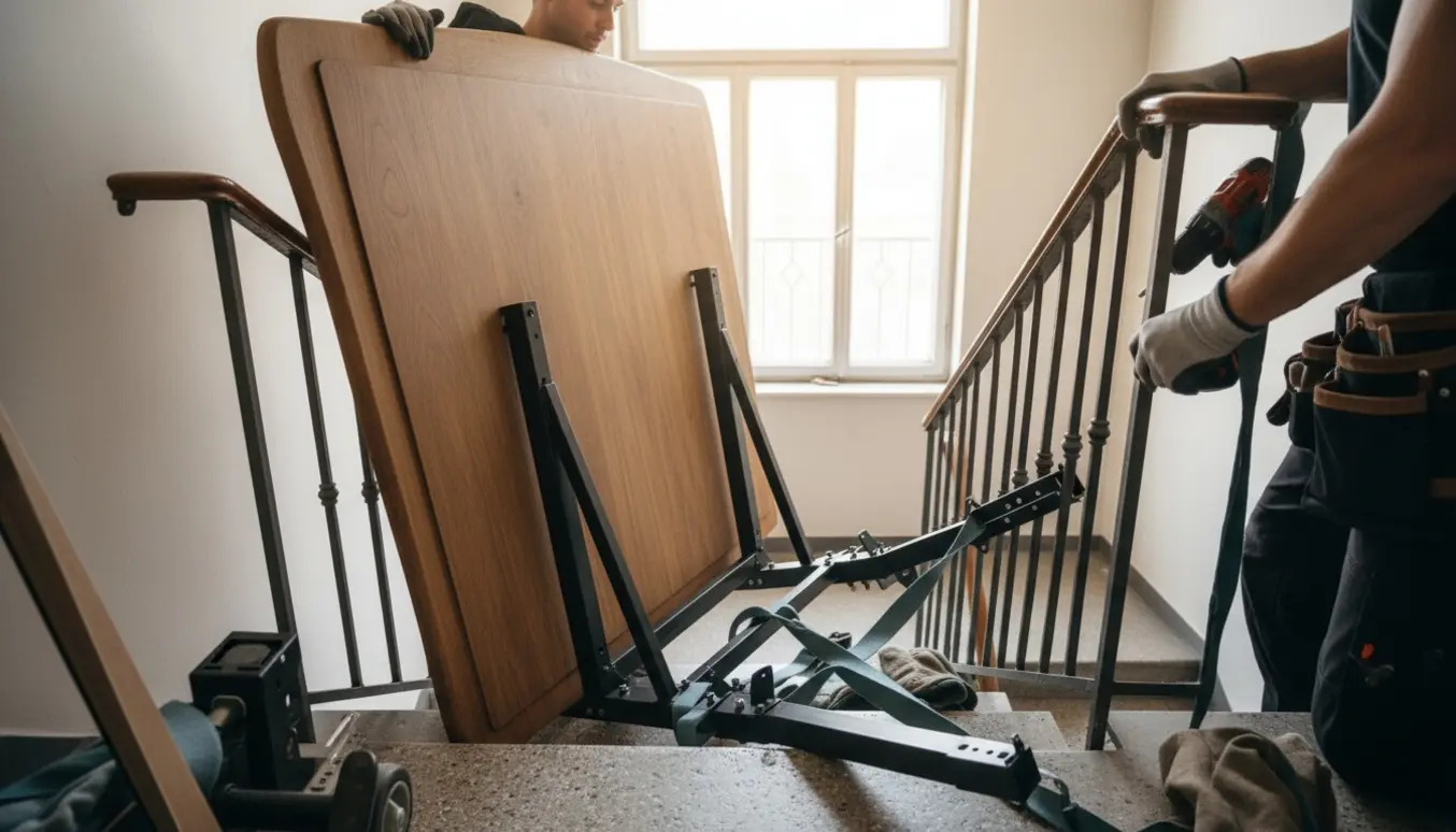 Stor hævesænkebordplade og stel bliver skruet af og båret ned ad en smal trappe, med værktøj og moveres hænder synlige.