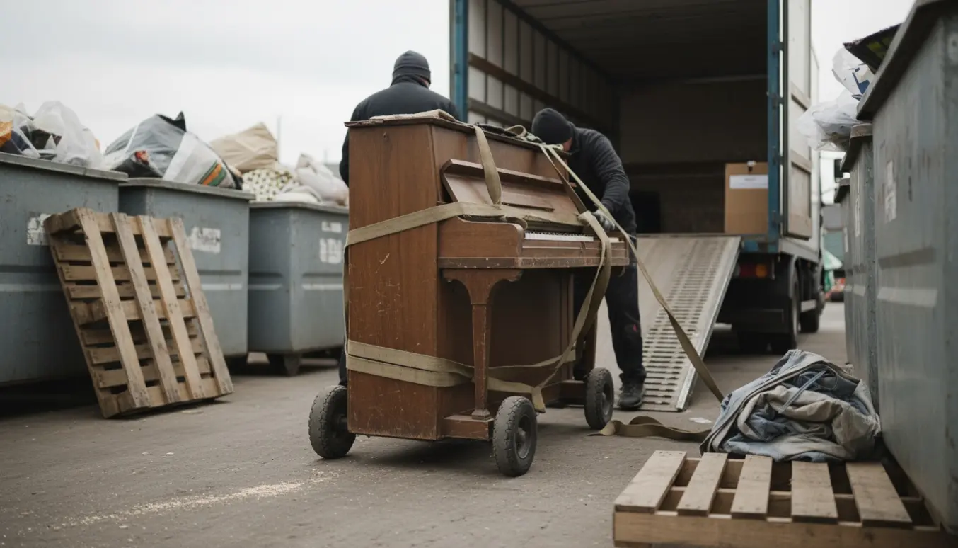 Et klaver er fastgjort på en flyttedolly ved en genbrugsplads, klar til bortskaffelse.