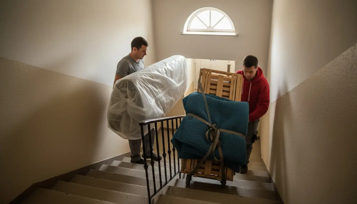 To personer bærer en adskilt halvandenmands seng ned ad en trappe, med madras indpakket og rammer klar til storskrald.