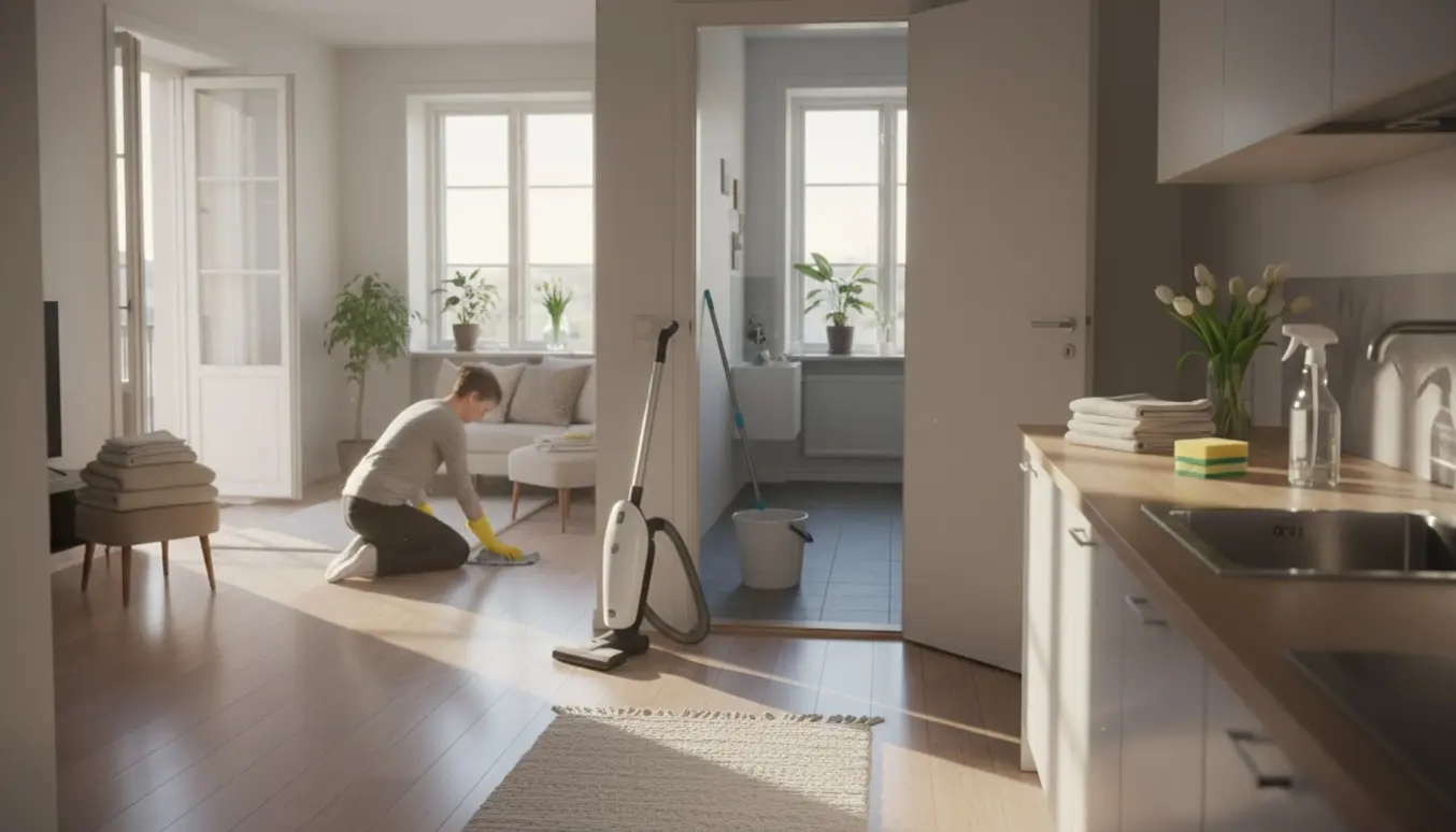 Solbeskinnet lejlighed under forårsrengøring med moppe, støvsuger og handsker, ingen tydelige ansigter.