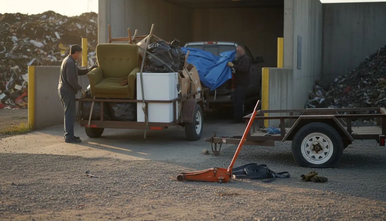En pickup med anhænger læsset med husholdningsaffald ved en lille losseplads, mens en flad anhænger og værktøj står ved siden af.