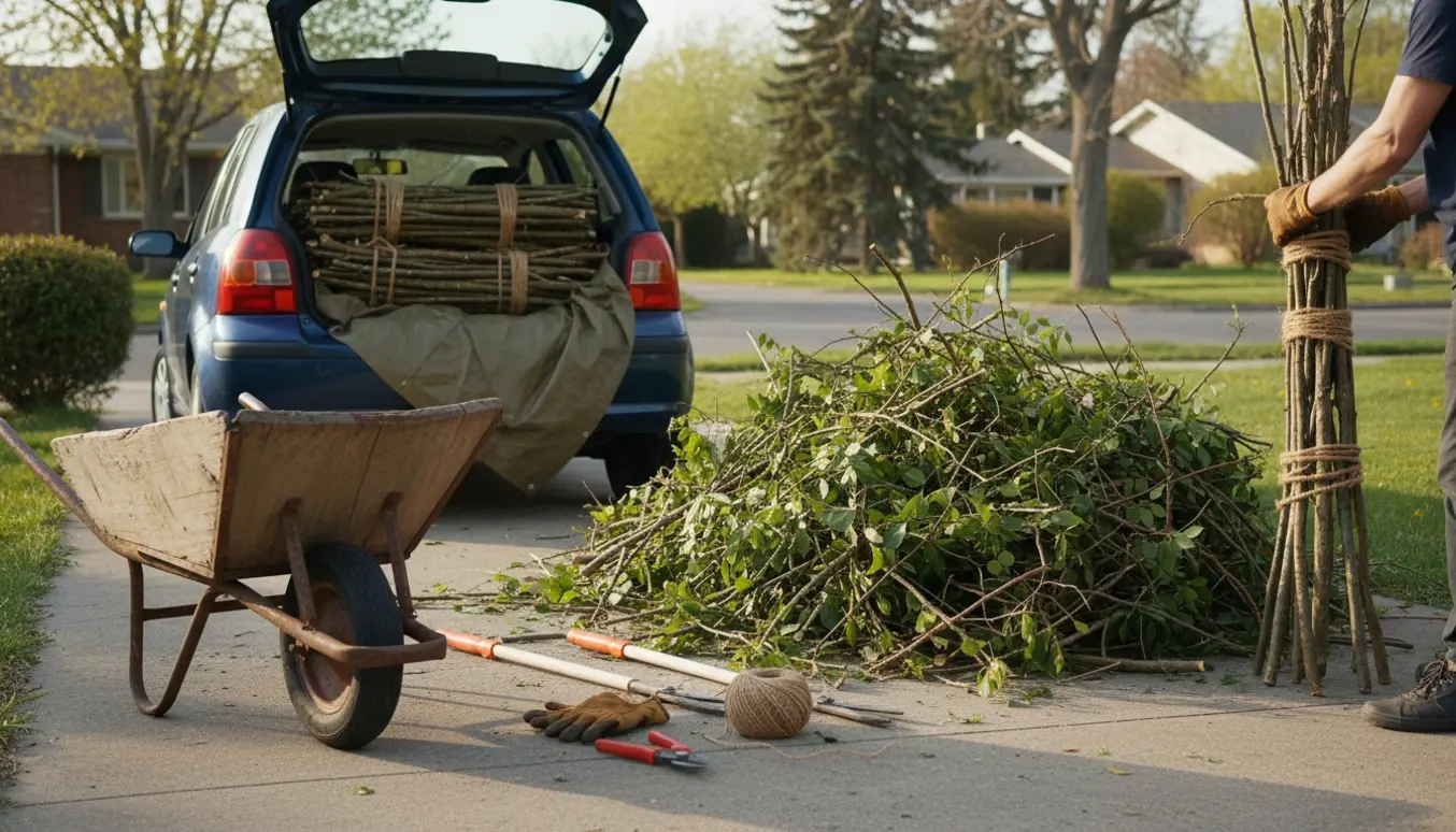Bunker af beskårne grene og kviste ved en indkørsel, glovede hænder binder bundter ved siden af en lille bil.
