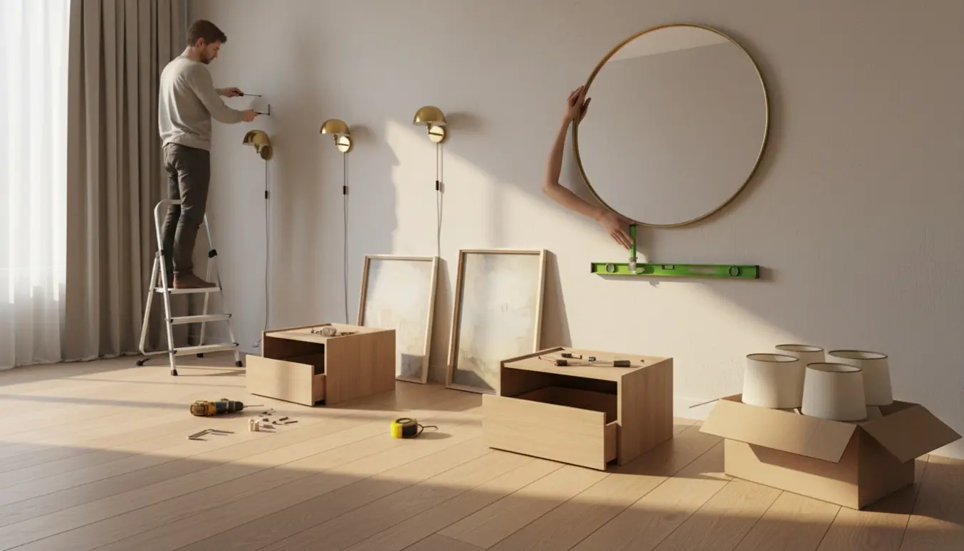 Hænder på en stige monterer lamper, hænger et spejl og justerer malerier ved siden af to delvist samlede sengeborde i et lyst soveværelse.