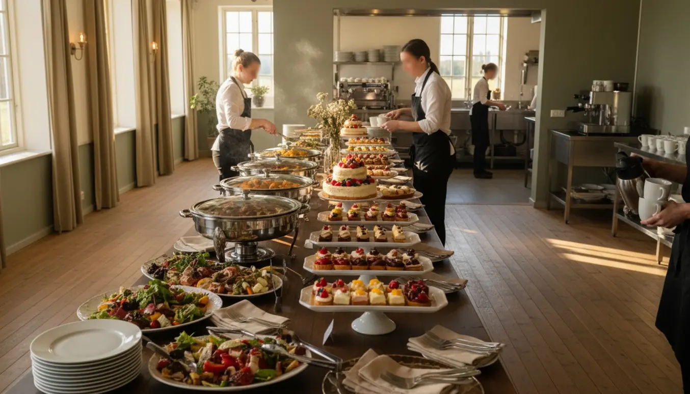 Buffetopstilling i Lynggaardens selskabslokale med fade med forretter, varmeretter, desserter og personale, der arrangerer og brygger kaffe.