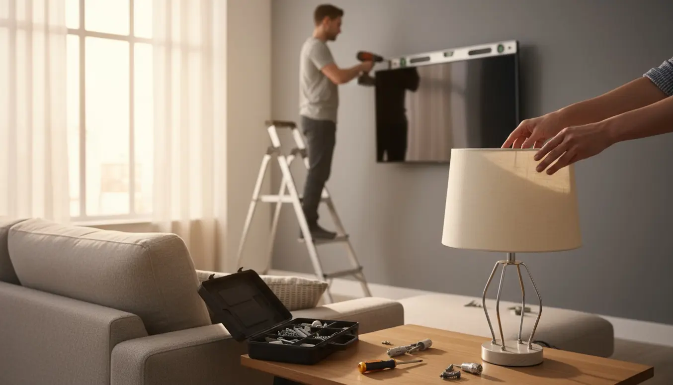 En moderne stue hvor hænder monterer et TV på væggen, mens en lampe samles på et sidebord.