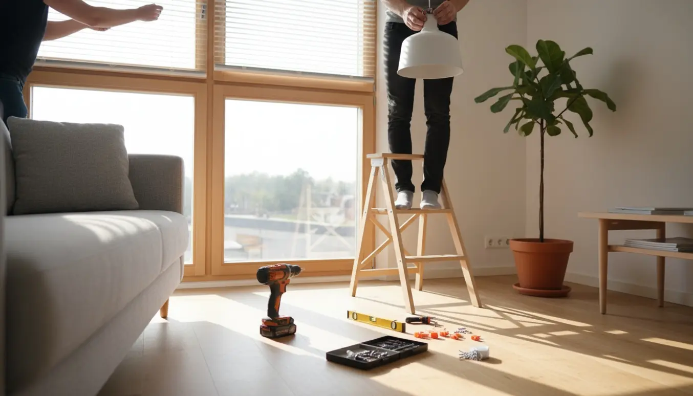 Hænder installerer persienner og en loftslampe i en lys, moderne stue.
