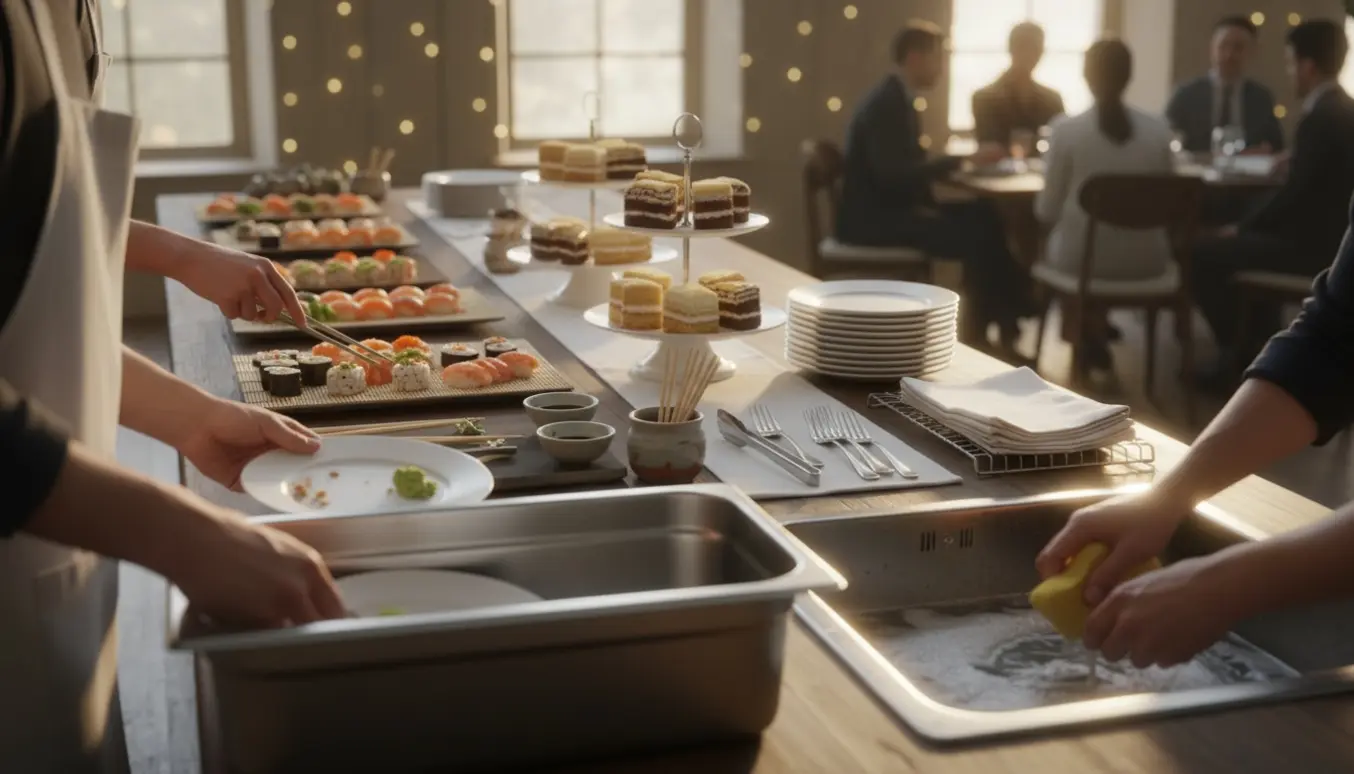 Hænder anretter sushi på buffetbord ved en konfirmation, mens andre rydder af og vasker op i baggrunden.