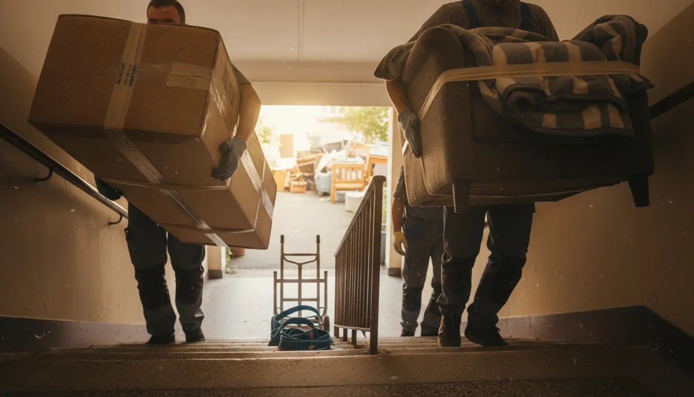 To personer bærer en stor 140x200 boxmadras og en lænestol ned ad en opgang mod gårdens storskraldsområde uden synlige ansigter.