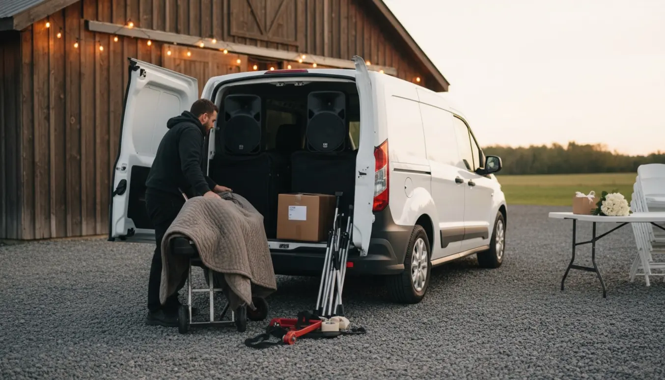 Frivillige læsser soundbokse, stativer og et el-klaver i en varevogn dagen efter et bryllup.