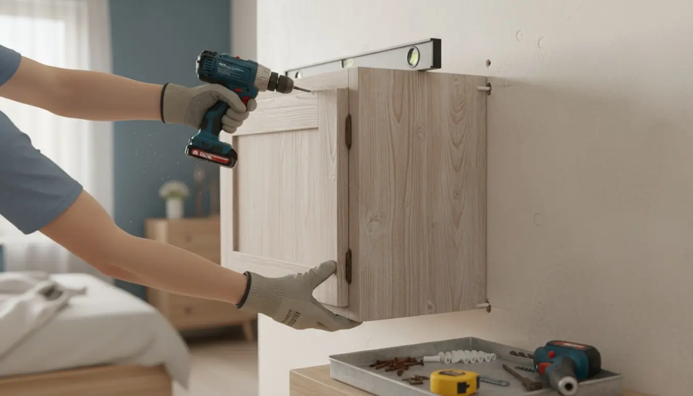 Afsyret, klassisk køkkenskab monteres på en soveværelsesvæg med rawlplugs og skruer, mens hænder holder og skruer fast.
