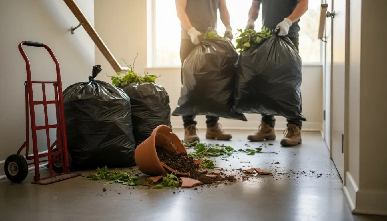 Fire store sække med haveaffald og en ødelagt terrakottakrukke på en opgangslanding klar til bortkørsel.