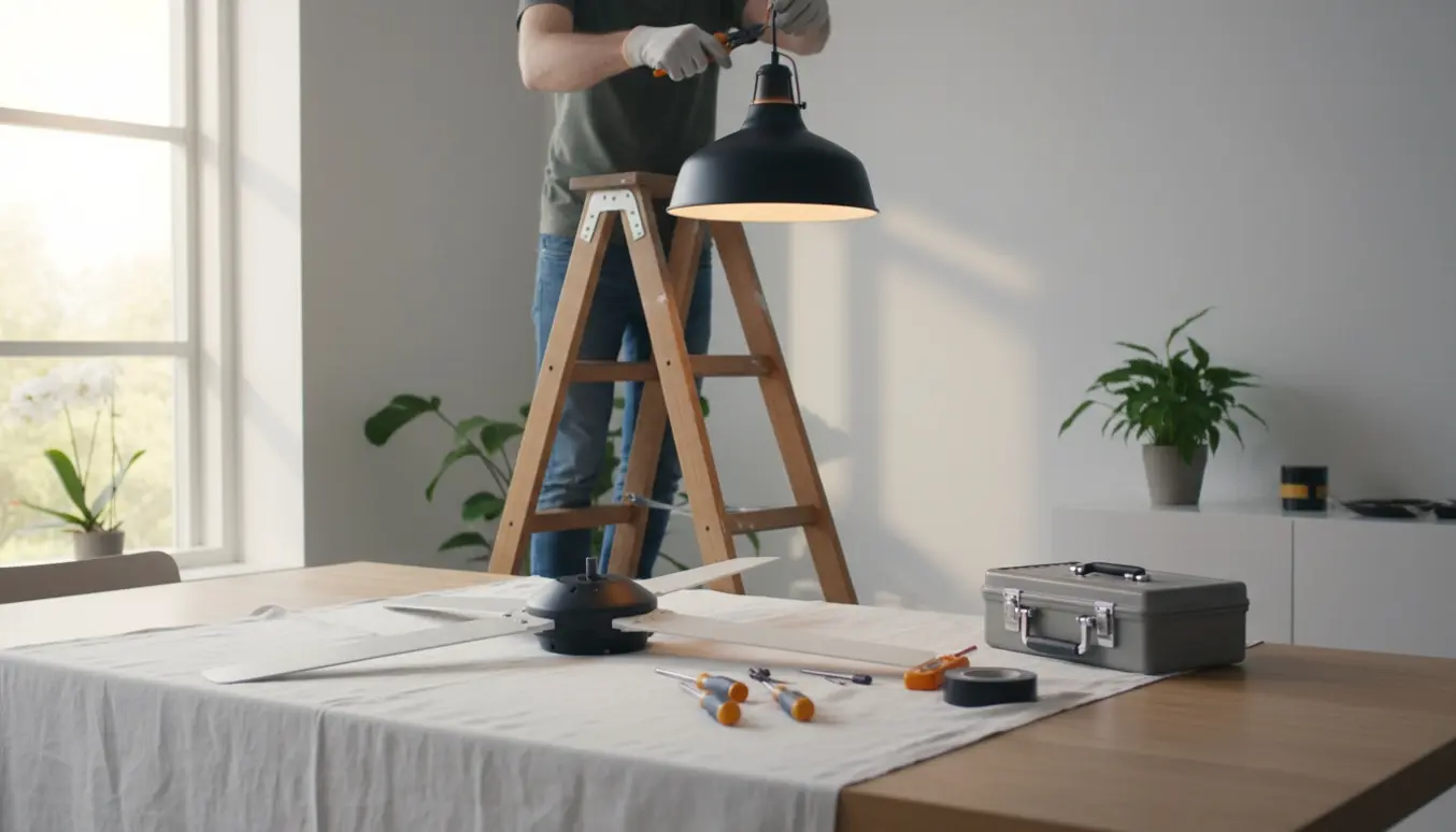 En håndværker på en stige tager en loftvifte ned og monterer en hængelampe over et spisebord.