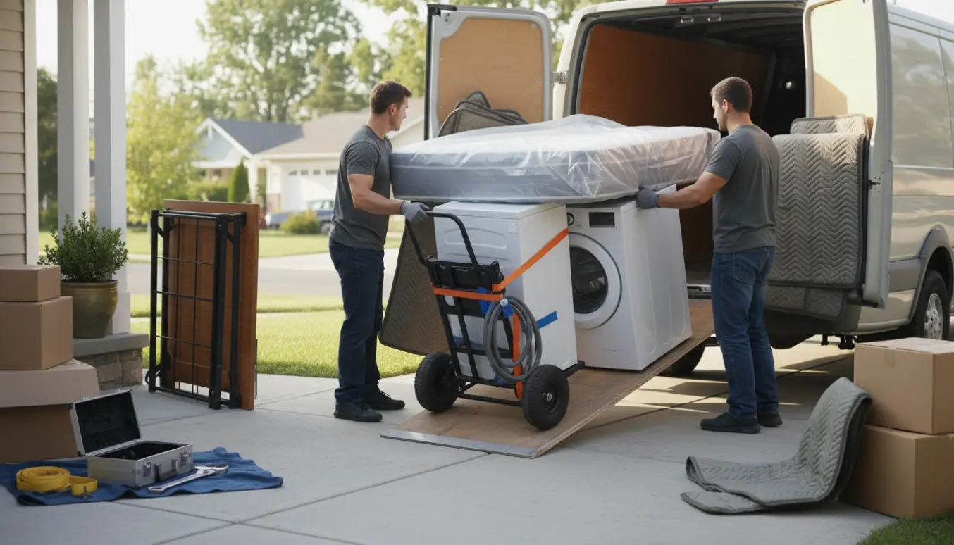 Flyttefolk læsser en madras og en vaskemaskine ind i en flyttebil på en solrig indkørsel.