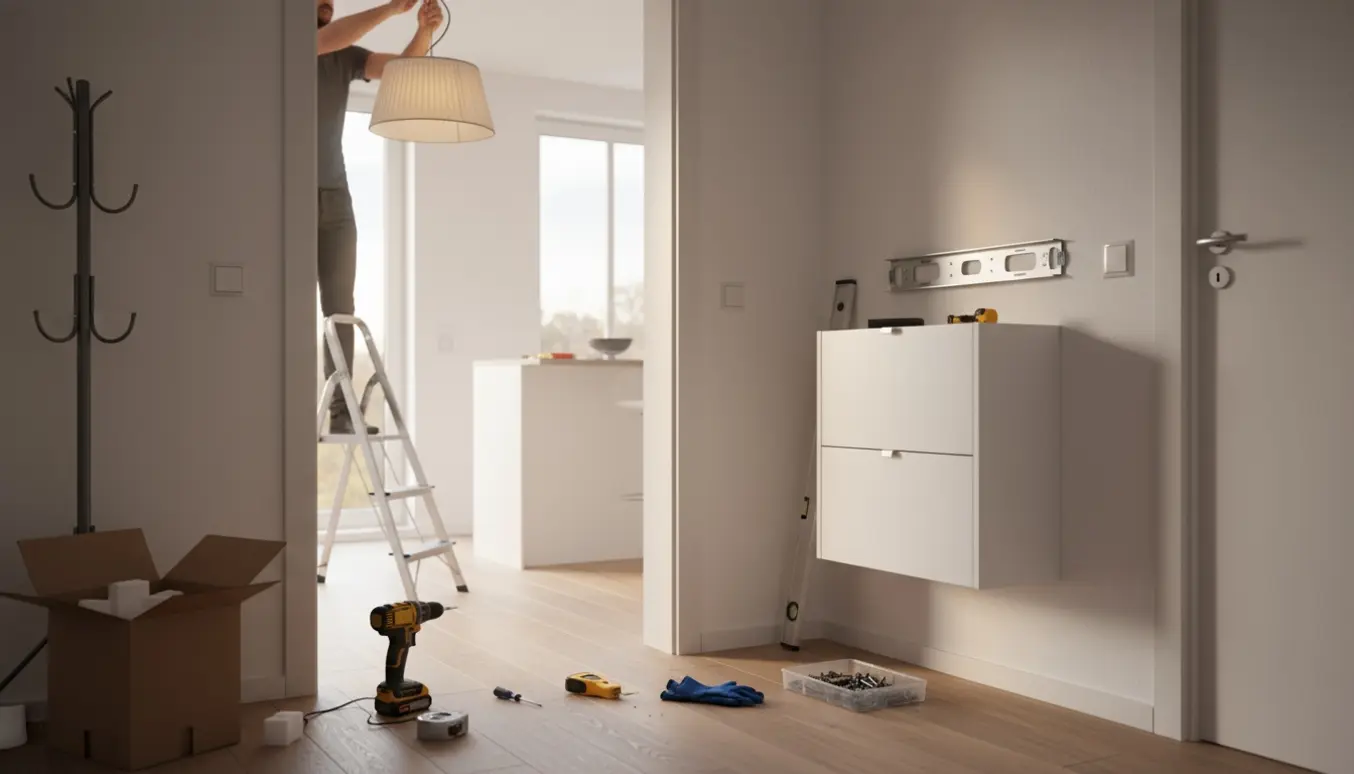 Nylig opsat pendellampe i køkkenet og væghængt skoskab i gangen med værktøj på gulvet.