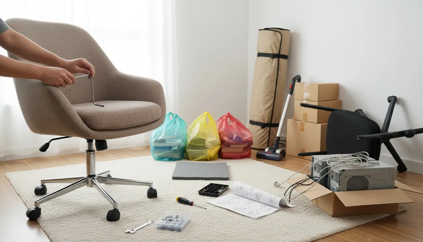 Ny drejestol samles i en stue med afmonteret gammel stol, rullemadras, støvsuger og papkasser klar til bortskaffelse.