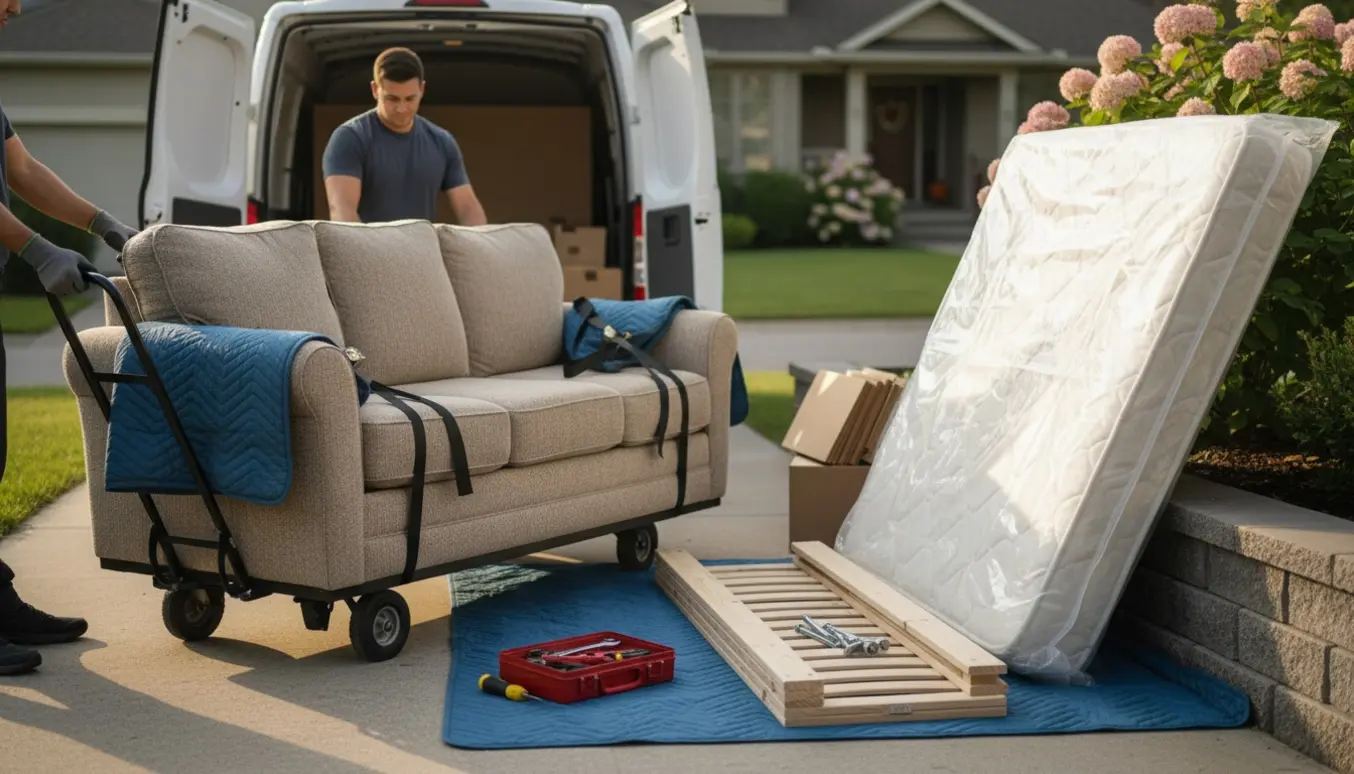 Flyttefolk løfter en trepersoners sofa og en indpakket dobbeltseng ved en hvid varevogn klar til bortskaffelse.