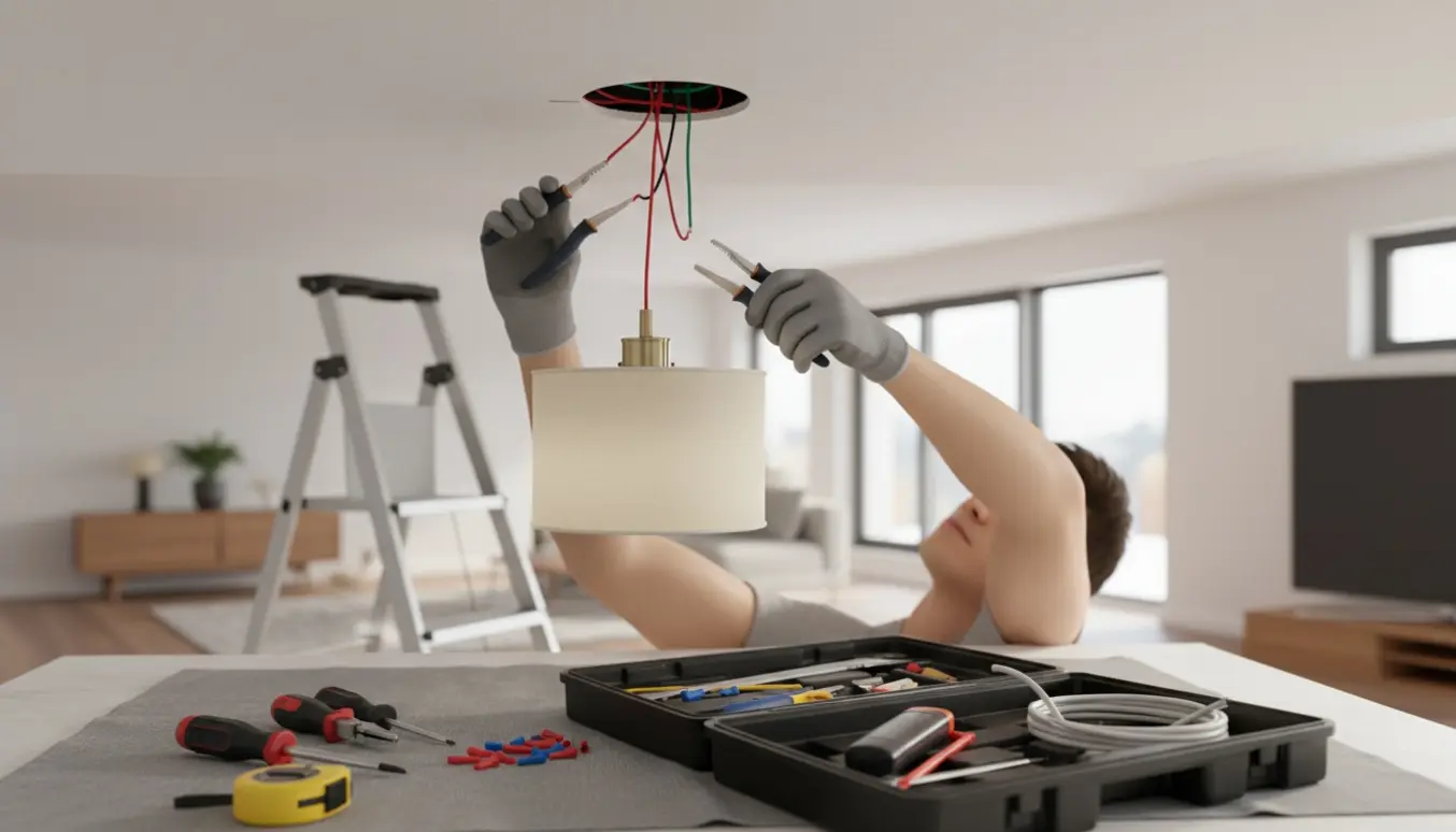 Håndværker flytter en loftslampe cirka en meter og monterer en ny pendel i et lyst rum.