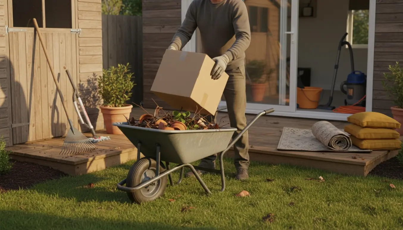 En person uden synligt ansigt rydder op i haven og løfter haveaffald i en trillebør foran en åben terrassedør med rengøringsudstyr indendørs.