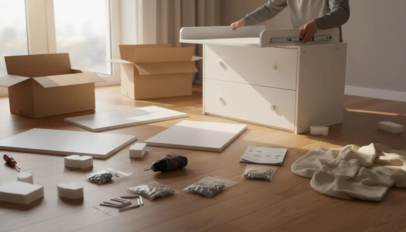 Puslekommode under samling på trægulv med åbne kartoner, værktøj og hænder uden synligt ansigt.