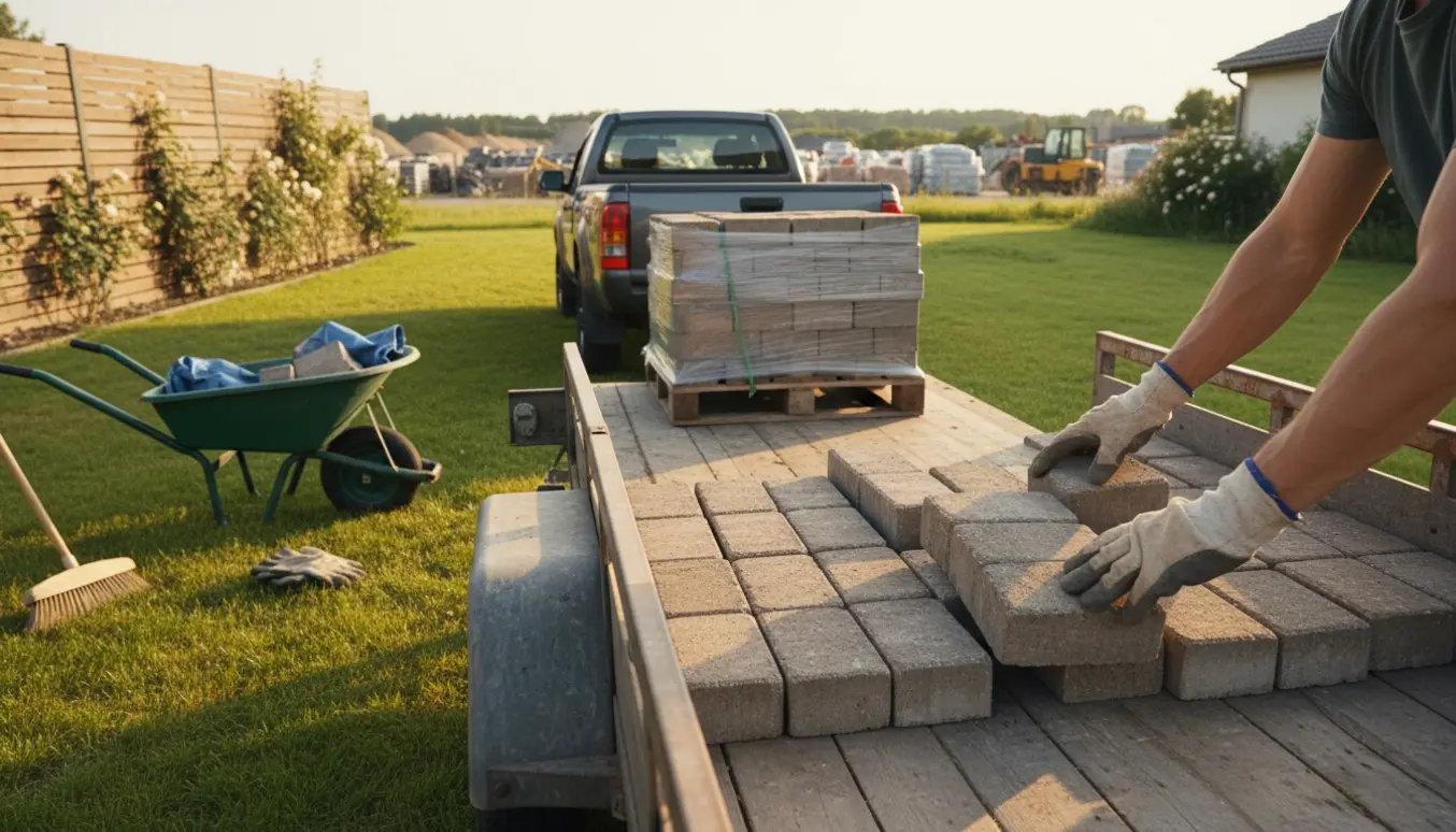 Fliser i baghaven bliver læsset i en åben trailer klar til kørsel til genbrugspladsen.