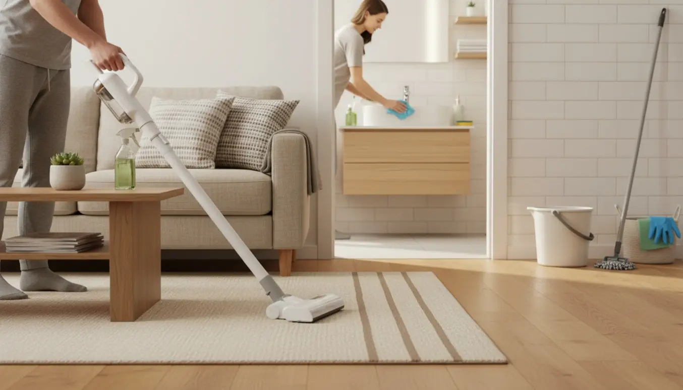 Ren stue med støvsugning og et lyst badeværelse, hvor en person tørrer vasken af.