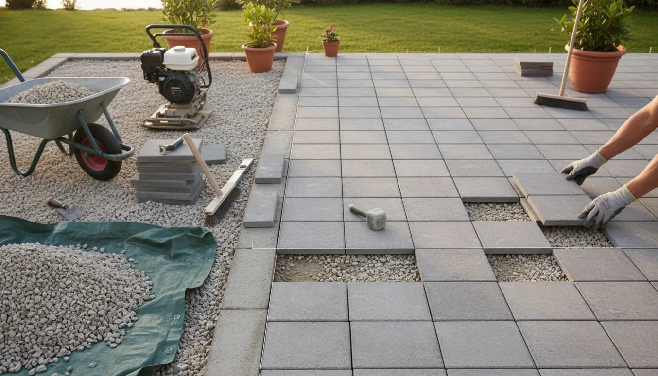 Delvist anlagt haveterrasse med 30×30 cm fliser, bunke med grus, støbt betonkant og arbejdshandsker, der lægger en flise.