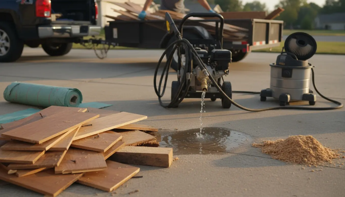 Stak med trægulvsbrædder og byggeaffald ved indkørsel med en defekt højtryksrenser og en vådstøvsuger klar til afhentning.