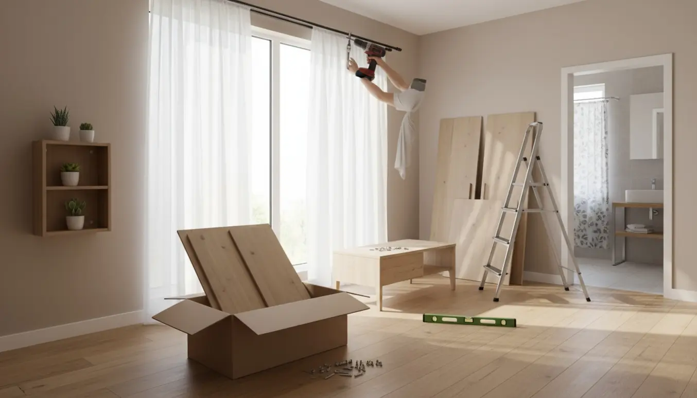 Delvist monterede møbler og en opsat gardinstang i en lys stue med værktøj klart til brug.