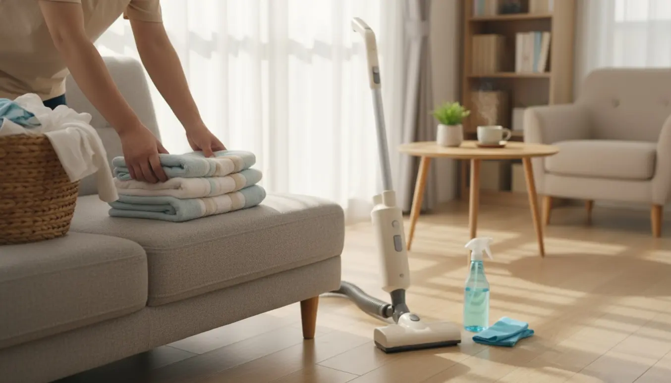 Hænder folder rent vasketøj i en soloplyst stue med vasketøjskurv og rengøringsmidler.