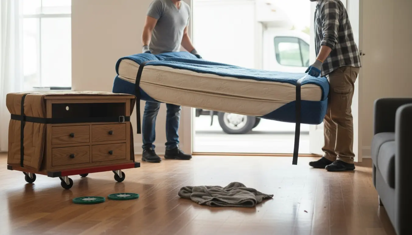 To personer bærer en dobbeltseng og et lille TV-bord ud af en lejlighed med flyttetæpper og dolly.