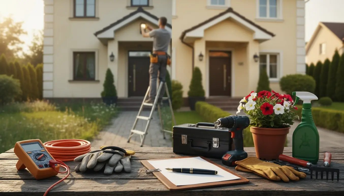 En håndværker foran en villa med værktøj, haveredskaber og mapper, der viser husets forvandling.