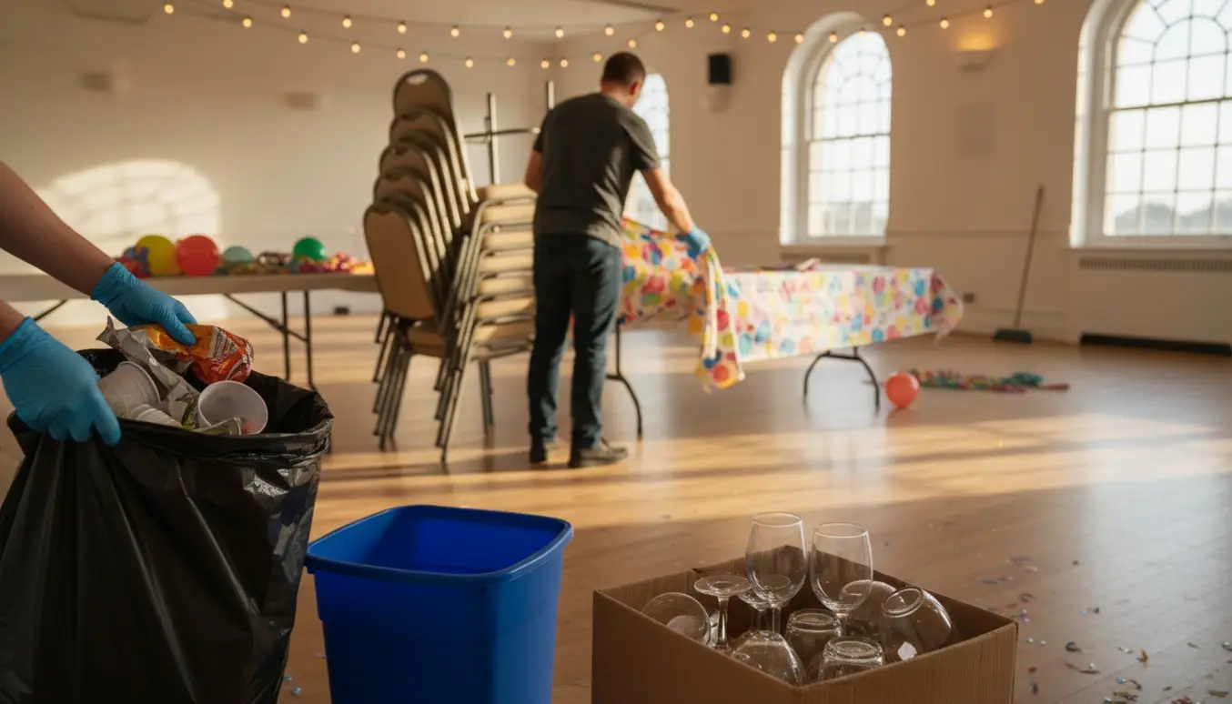 Oprydning i et forsamlingshus efter en stor fødselsdagsfest, med stabler stole, opsamling af glas og sammenrullet pynt.