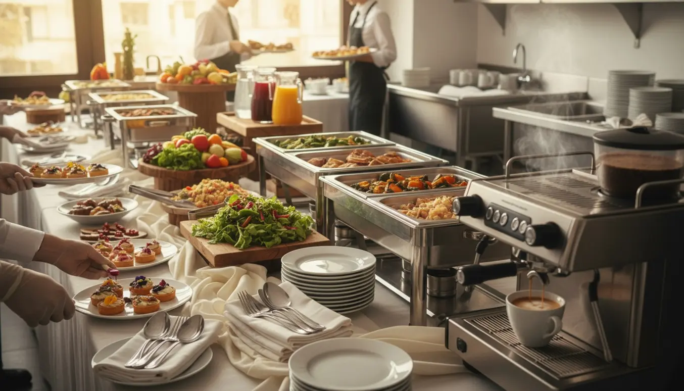 Hænder anretter buffet og brygger kaffe foran et køkkenområde med opvask i baggrunden.