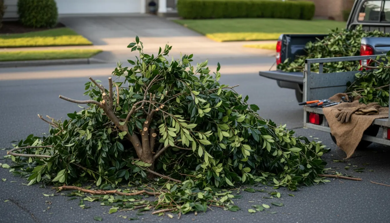Stor bunke beskårede kirsebærlaurbærgrene ligger klar ved vejens kant til bortkørsel.