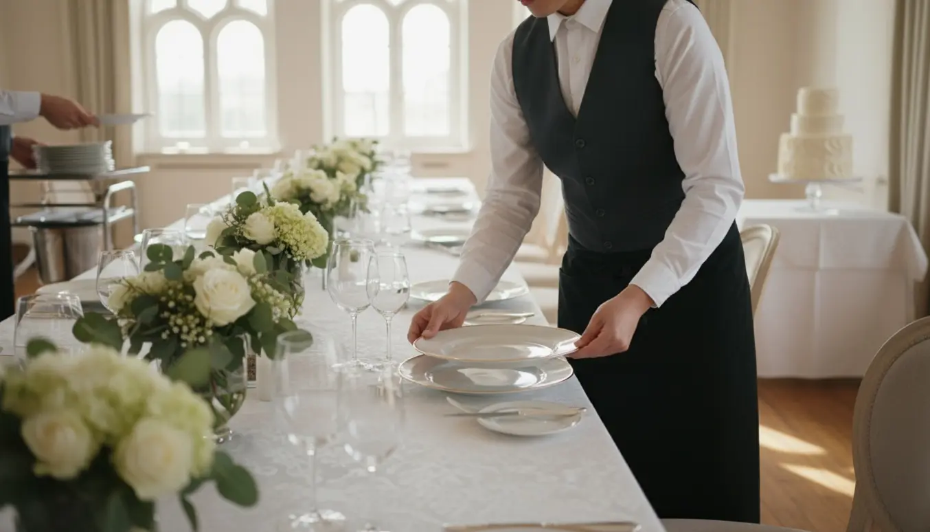 En tjener sætter tallerkener på et pyntet bord til en konfirmation, mens opvask samles i baggrunden.