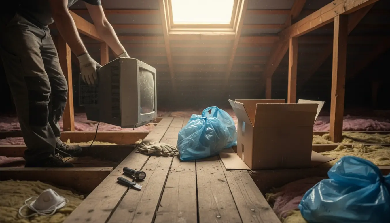 Loftrumsgangbro med handsker, der rydder emballage og fjerner et gammelt, støvet tv blandt isoleringen.