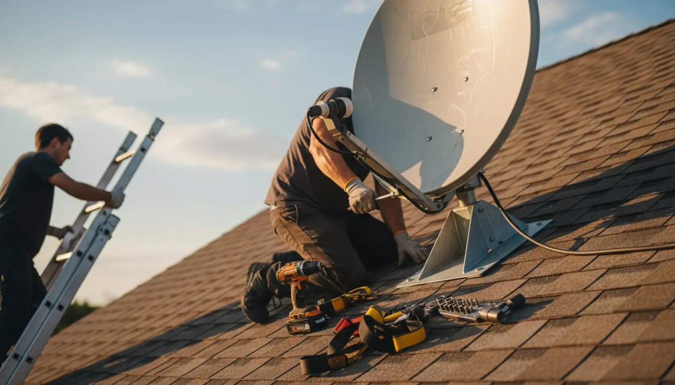 Montage af en stor parabolantenne på et tag med værktøj og kabler.