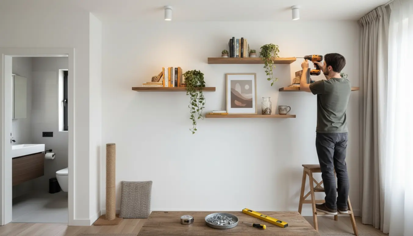 Lyse lejlighedshjørne med fire opsatte hylder, ophængt billede, to loftslamper, værktøj, toiletrulleholder og to kradsebræt.