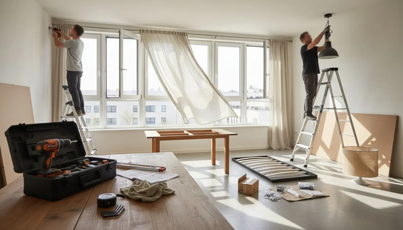 En håndværker på en stige monterer gardinstang ved flere vinduer med værktøj og fladpakkede møbler i baggrunden.