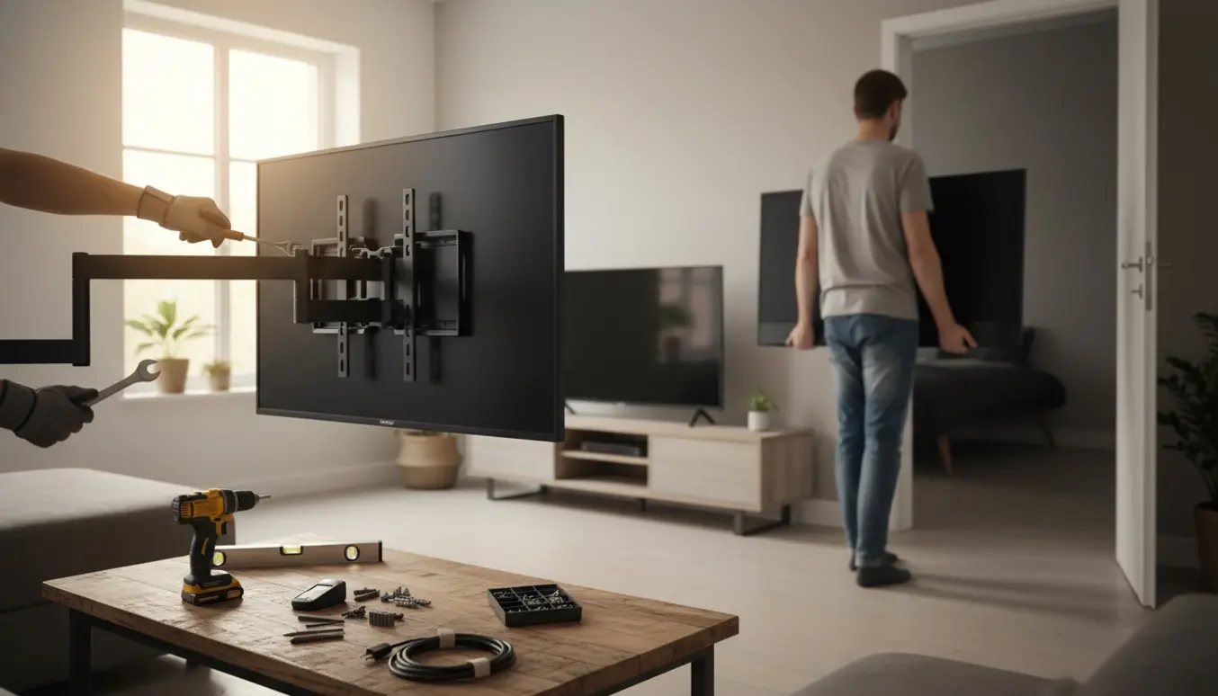 Montage af nyt 43-tommers TV på svingarm, mens et gammelt 32-tommers TV tages ned og flyttes.