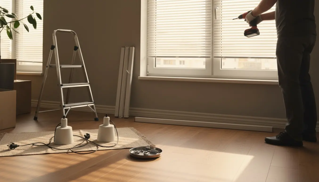 Hænder afmonterer persienner og to lamper i en lys lejlighed med værktøj og skruer samlet i en bakke.