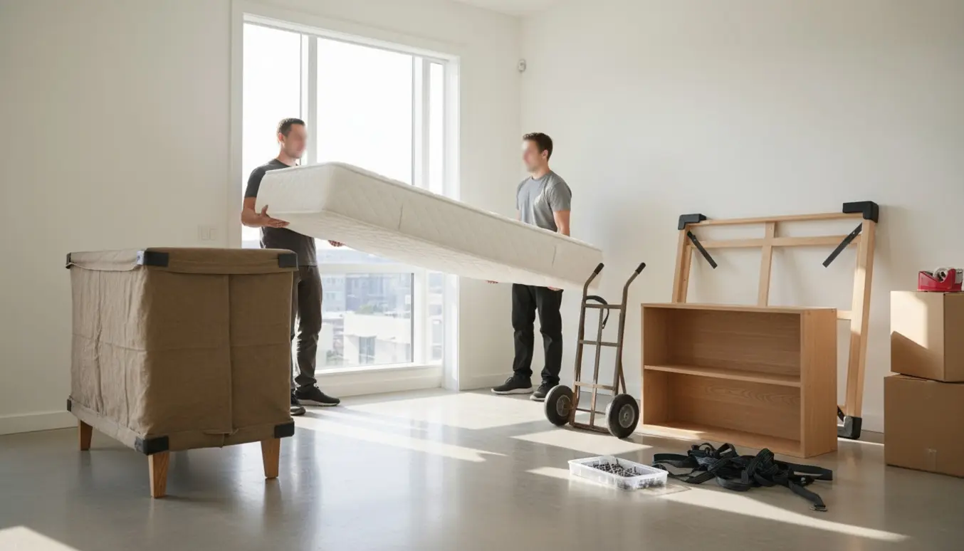 Flyttefolk bærer en madras og beskytter en kommode med flyttetæpper i en lys lejlighed.