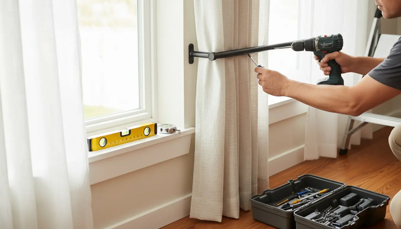 Hænder hænger et enkelt gardin op ved et solbelyst vindue med boremaskine og værktøj ved siden af.