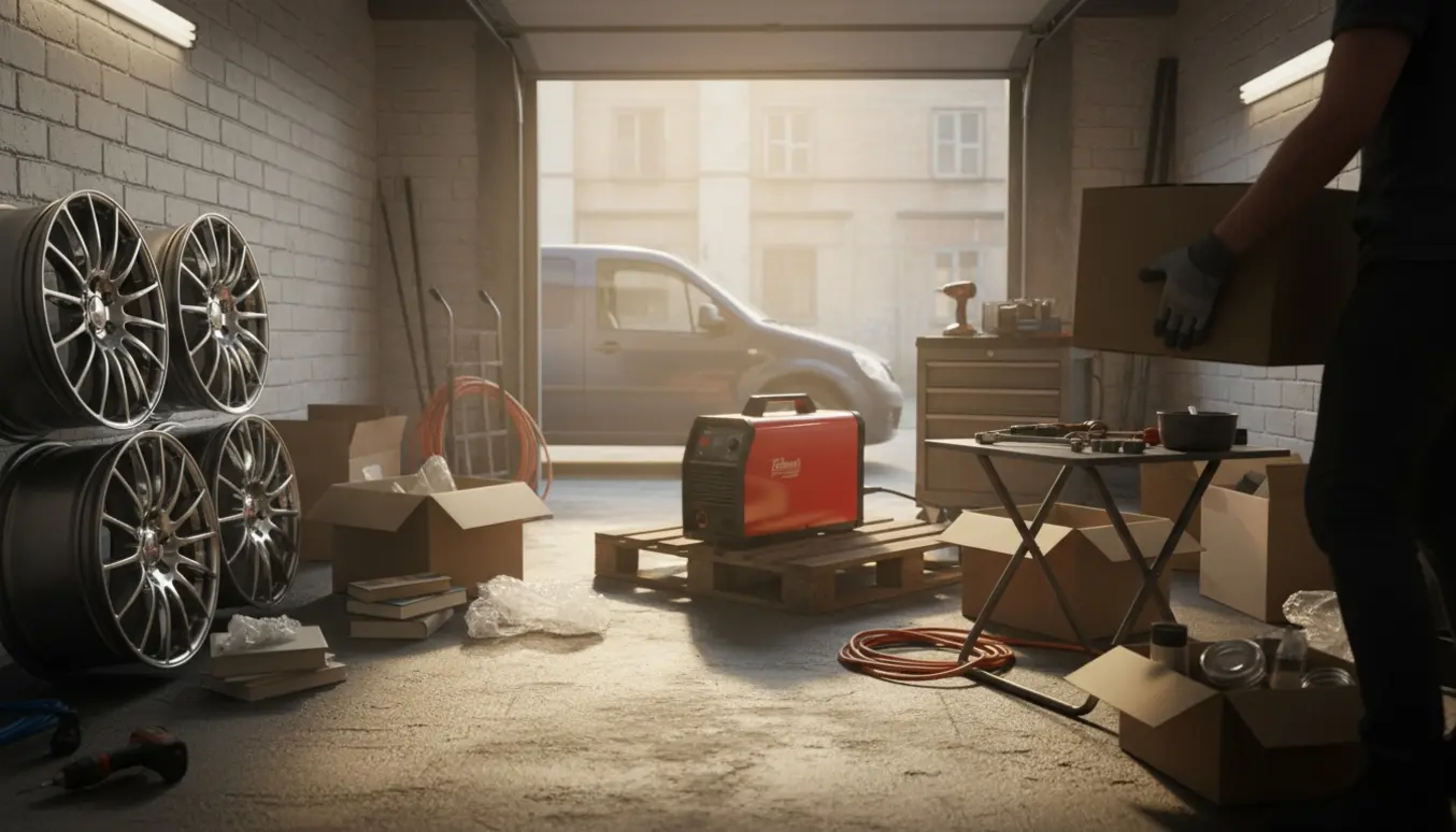 Indersiden af en lille garage med svejser, alufælge, flyttekasser og værktøj, mens en person læsser ting i en varebil.