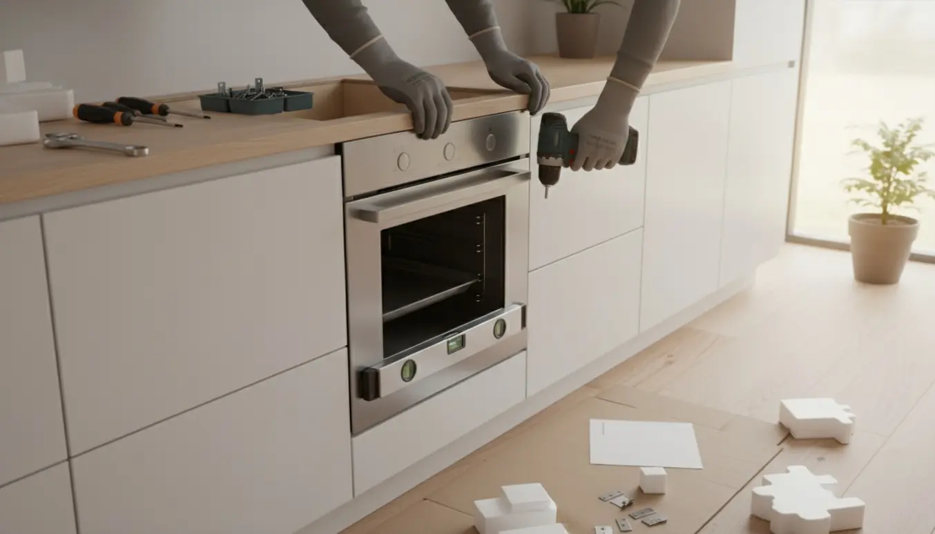 Ny indbygget ovn monteres i et køkkenskab med værktøj og monteringsdele lagt frem.