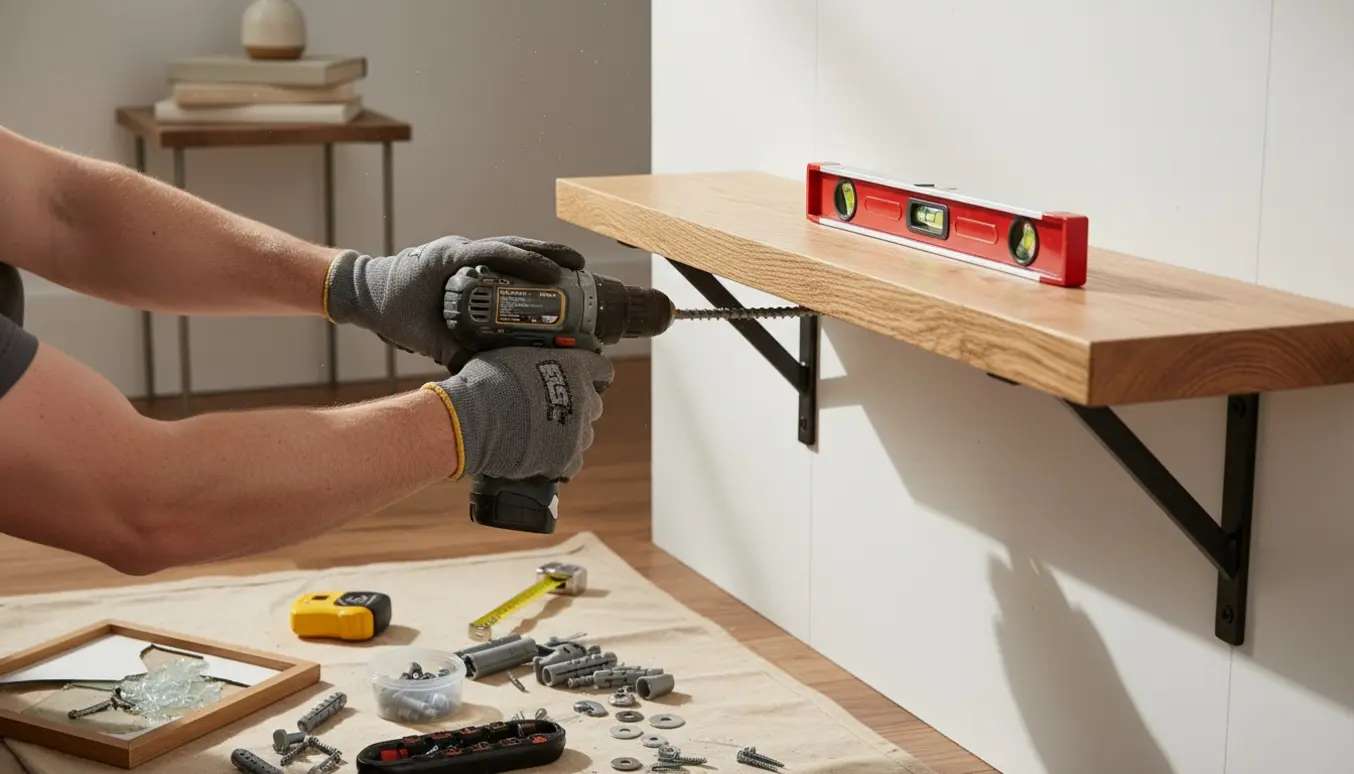 Hænder monterer en tung væghylde med kraftige beslag og værktøj i et lyst opholdsstue.