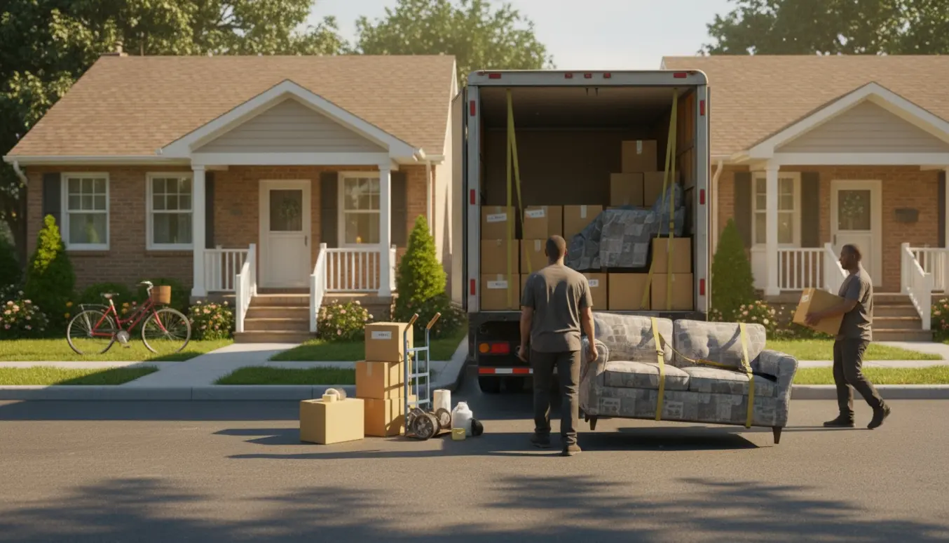 Stor flyttebil mellem to tætte huse, flyttekasser og møbler bæres på en varm sommerdag.