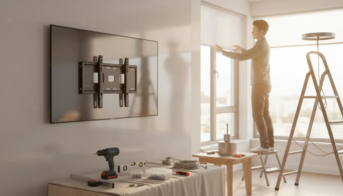 Hænder monterer fladskærm, opsætter rullegardin og gør klar til at tilslutte en lampe i en moderne stue.