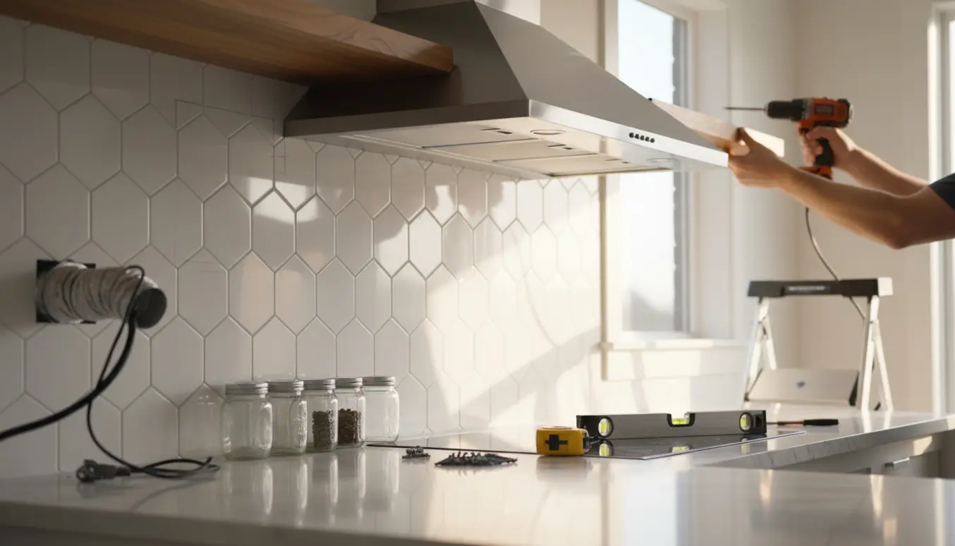 Installation af en rustfri emhætte med en træ krydderihylde monteret ovenover i et lyst køkken.