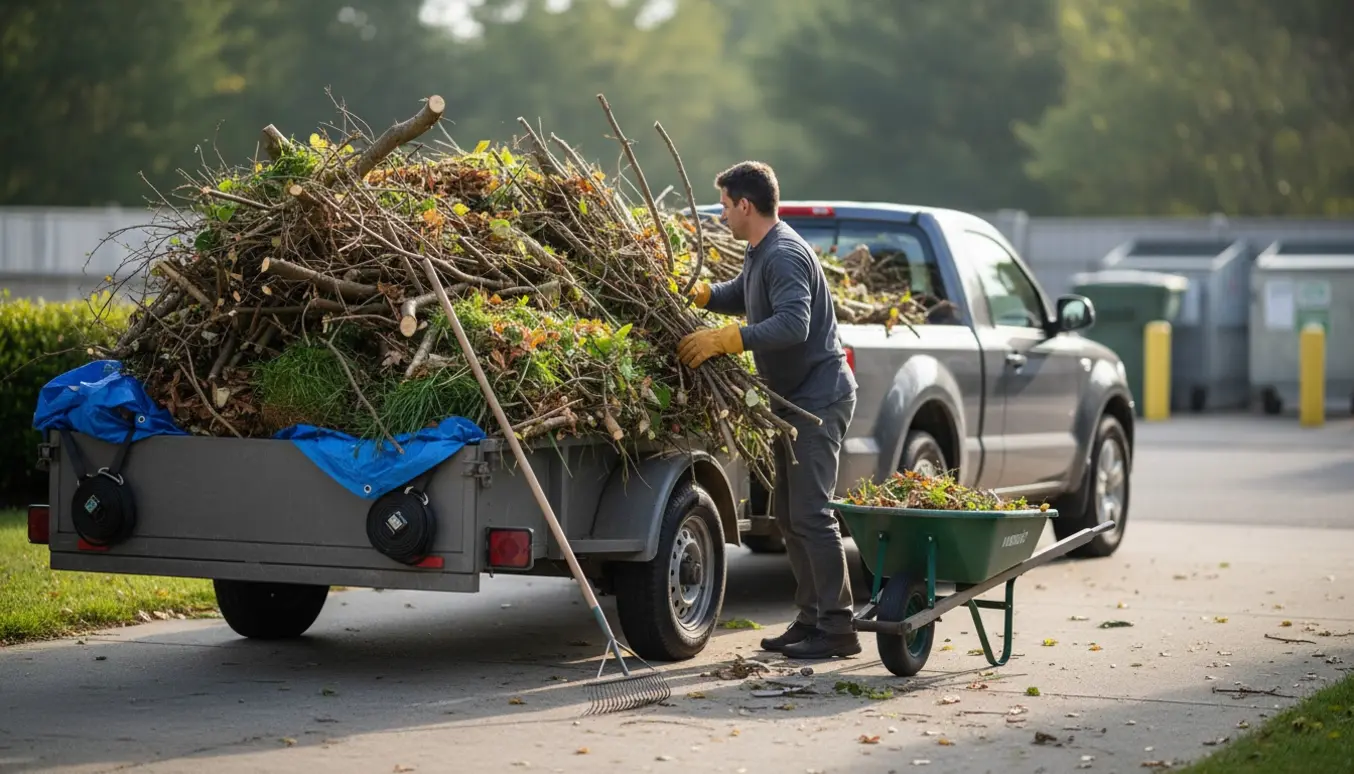 Trailer fyldt med haveaffald læsses i indkørsel, hænder med handsker løfter grene.